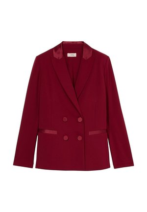 Double-breasted burgundy blazer with satin lapels, matching fabric-covered buttons, and horizontal satin-trimmed pockets.