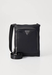 Borsa a tracolla in nylon nero con logo triangolare, scomparto principale con cerniera e tasca frontale, con tracolla staccabile.