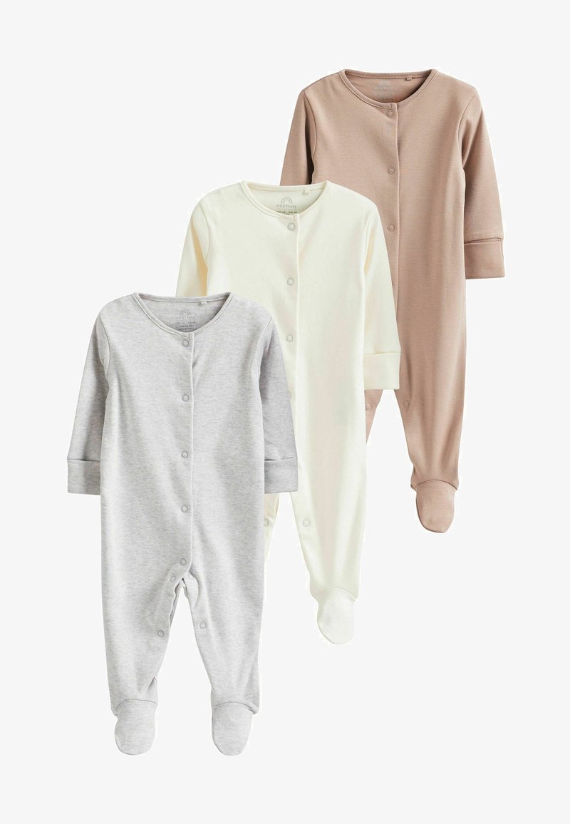 Trois bodys blancs à manches longues pour bébé en gris clair, crème et beige. Chacun présente un col rond, des boutons-pression et un design avec pieds. Tissu doux.