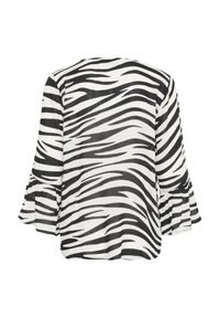 Blusa a pois zebra in bianco e nero. Presenta maniche svasate e una vestibilità morbida. Tessuto testurizzato con una finitura liscia. Vista posteriore mostrata.