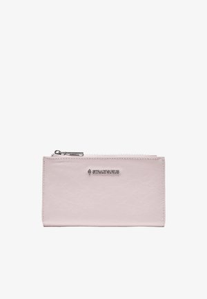 Portafoglio rettangolare rosa chiaro con cerniera superiore e logo metallico "STRADIVARIUS" centrato sul davanti.