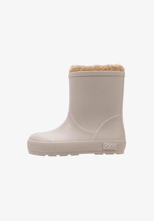 Stivale impermeabile beige per bambini con una morbida fodera in pelliccia ecologica color tan, suola in gomma testurizzata e dettaglio del logo sul lato. Design liscio e arrotondato.