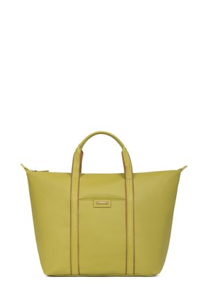 Sac fourre-tout jaune-vert avec deux poignées supérieures, fermeture zippée et accents marron. Présente une poche avant plate et une texture lisse.