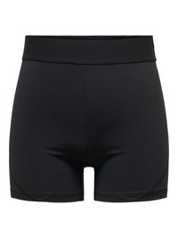 Pantaloni scurți sport de culoare neagră, cu talie înaltă, cusături plate și material elastic, concepuți pentru o potrivire strânsă și pentru activități sportive.