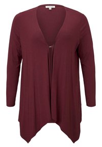 Cardigan bordeaux à manches longues, ouvert à l'avant, avec un ourlet drapé et un petit crochet près du col, taille 44 visible.