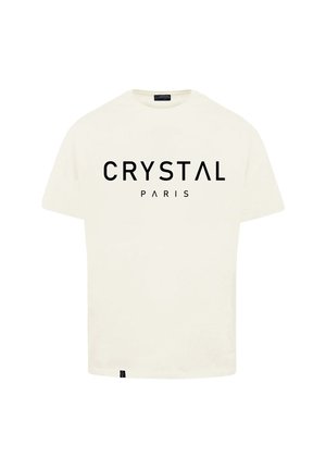 Krémové bavlněné tričko s krátkými rukávy, s tučným černým nápisem "CRYSTAL PARIS" na přední straně a malým logem na spodním lemu.