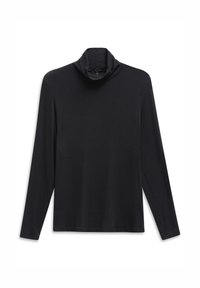 Schwarzes Langarm-Turtleneck-Oberteil aus weichem Stoff, mit einer lockeren Passform und einem umgeschlagenen Kragen. Keine sichtbaren Muster oder Akzente.