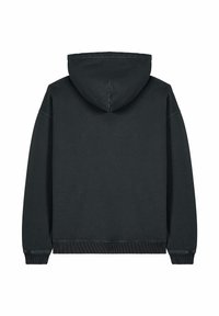 Sweatshirt à capuche noir avec une coupe décontractée, doté d'une texture douce, de poignets côtelés et d'une poche kangourou. Dos uni sans marquage.