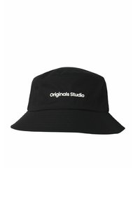 Black bucket hat made of fabric with a wide brim. Features "Originals Studio" logo embroidered in white on the front. Smooth texture.