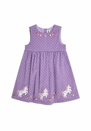 Robe violette à pois avec broderie florale, design sans manches, ourlet festonné, et décorations de licornes sur la jupe.