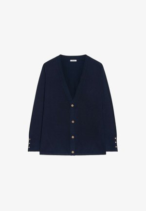 Cardigan blu navy realizzato in tessuto morbido, con scollatura a V, bottoni frontali e dettagli in bottone sulle maniche. Texture liscia, design classico.