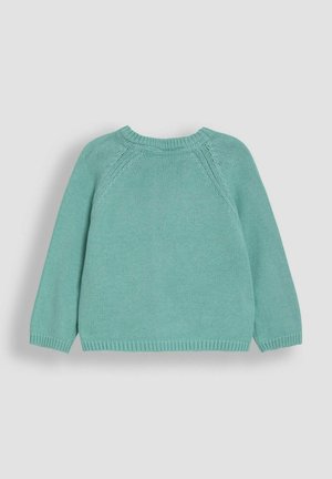 Tyrkysový pletený svetr s kulatým výstřihem, dlouhými raglánovými rukávy a žebrovanými manžetami a lemem. Jednoduchá textura, bez vzorů nebo akcentů.