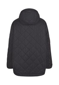 Black quilted jacket with diamond stitching and attached hood, shown from the back.