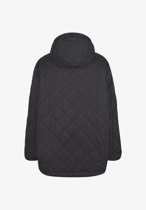 Veste matelassée noire avec couture en losange et capuche fixée, vue de dos.