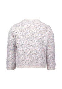 Stickad kort tröja i ljusa pastellfärger med en vågig textur. Har trekvartslånga ärmar och en rundad halsringning.