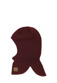 Căciulă balaclava tricotată în nuanță de vișiniu, cu vârf rotunjit și gât prelungit. Prezintă un tiv cu dungi și o etichetă pătrată din material maro pe lateral.