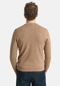 Beige Strickpullover mit Rundhalsausschnitt und langen Ärmeln, ausgestattet mit einem gerippten Saum und glatter Textur. Rückansicht, getragen zu blauen Jeans.