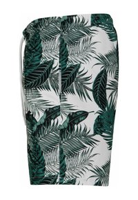 Maillots de bain pour hommes en tissu lisse avec une base blanche ornée de motifs de feuilles vertes, taille élastique et cordon de serrage.