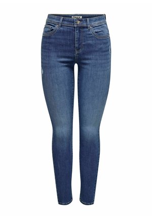 Jean skinny en denim bleu foncé. Caractéristiques : cinq poches, passants de ceinture et déchirures subtiles sur la cuisse gauche. Texture lisse.
