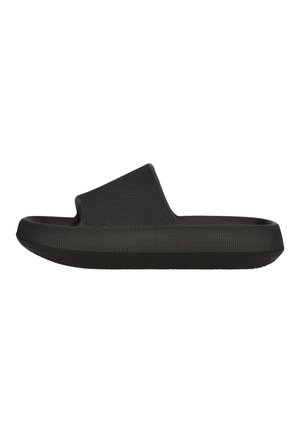 Schwarze Slip-On-Pantoletten mit strukturiert dicker Sohle und breitem Riemen oben für den Freizeitgebrauch.