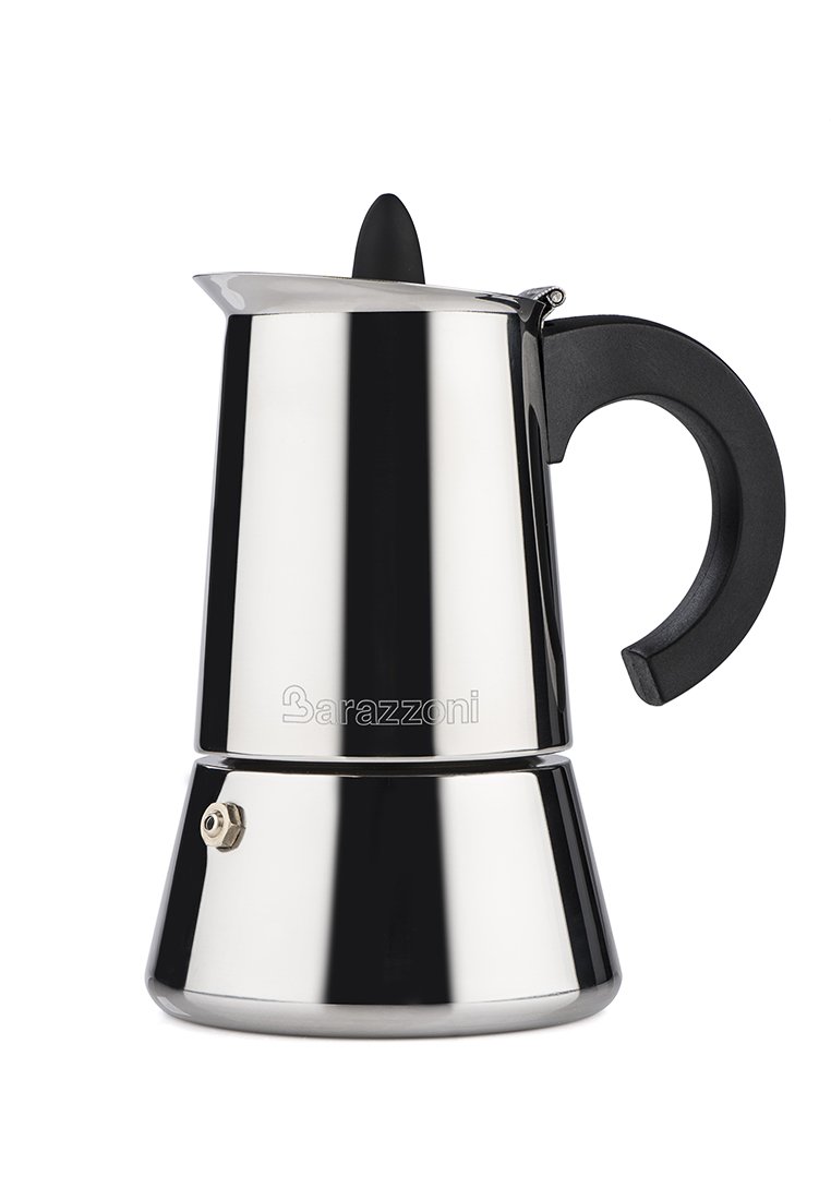 Cafetière moka en acier inoxydable avec une finition polie, poignée en plastique noir et base étroite. Présente un couvercle arrondi et un logo visible.