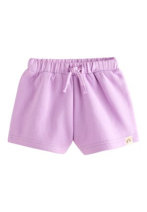 Lilla värvi väikelaste lühikesed püksid elastse vöökoha, nööriga, pehme riide ja väikese vikerkaare sildiga alumisel äärel.