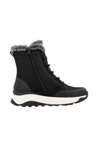 Schwarze wasserdichte Knöchelstiefel mit synthetischer Fütterung, Gummisohle, Reißverschluss und Schnürdetails. Verfügt über eine voluminöse, gepolsterte Zwischensohle.