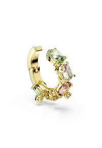 Gold-tone hoop earring featuring multiple colorful, oval-cut gemstones, including green, pink, and clear, with a polished metallic finish.