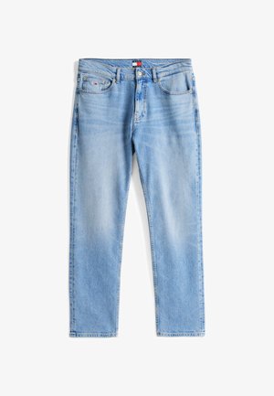 Lichtblauwe jeans met rechte pijpen, vijf zakken, metalen knoop, ritssluiting en klein Tommy Hilfiger-logo op de voorzak en tailleband.