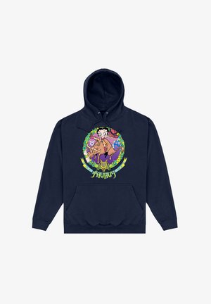 Marineblauer Kapuzenpullover mit einem bunten Grafikdesign, das einen Charakter zeigt, der auf einem Stier reitet, umgeben von dekorativen Elementen und Text in einem kreisförmigen Design.