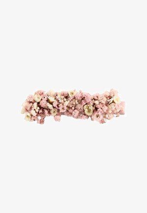 Barrette ornée de grappes de petites fleurs artificielles roses et blanches, disposées densément sur une base rectangulaire.