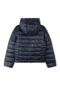 Giubbotto imbottito blu navy con un esterno lucido e trapuntato e cappuccio. Presenta un design cropped con cuciture orizzontali e polsini elasticizzati.