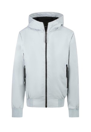 Lichtgrijze jack met een capuchon, voorritssluiting, zijzakken met rits en geribbelde manchetten. Glad stof met een minimalistisch ontwerp.