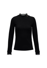 Black long-sleeve ribbed top with ruffled mock neck and cuffs, featuring two gold buttons near the neckline and cuffs.
