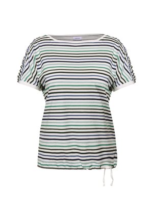 Gestreepte T-shirt met korte mouwen in blauw, groen en wit. Heeft een ronde halslijn en geplooide details bij de schouders. Touwtrekzoom.