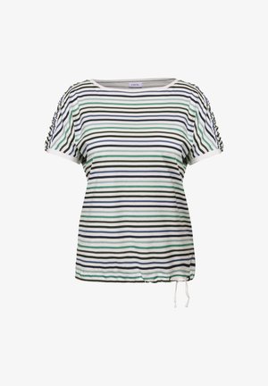 T-shirt à manches courtes rayé en bleu, vert et blanc. Présente un col rond et des détails froncés sur les épaules. Ourlet à cordon de serrage.