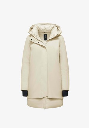 Light beige waterproof parka with a hood, front zipper, and snap closure. Features black cuffs and a relaxed fit. Smooth, durable fabric.