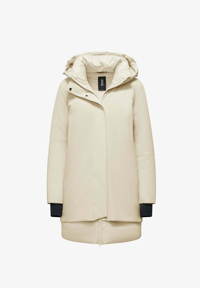 Licht beige waterdichte parka met capuchon, voorrits en drukknoopsluiting. Kenmerkt zwarte manchetten en een ontspannen pasvorm. Soepele, duurzame stof.