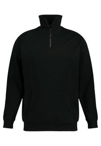Zwarte pullover sweatshirt met hoge kraag, halve ritssluiting en voorvak in kangoeroestijl. Gemaakt van zachte stof met ribgebreide manchetten.