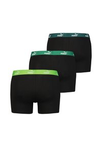 Schwarze Boxershorts im Drei-Pack, mit elastischem Bund in Grün und Türkis, versehen mit dem Puma-Logo. Glattes Material, taillierter Schnitt.