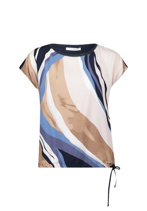 Top a maniche corte in tessuto leggero con motivo a spirale nelle tonalità di blu, beige e blu scuro, dotato di coulisse all'orlo.