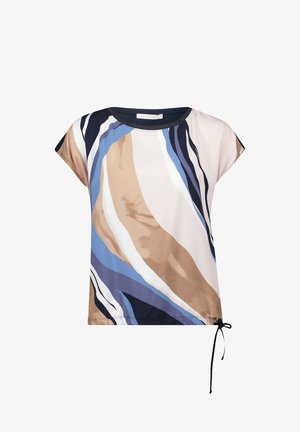 Korte mouw top in een lichtgewicht stof met een spiraalpatroon in tinten blauw, beige en marineblauw, met een trekkoord aan de onderkant.