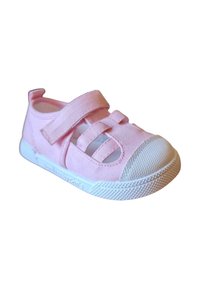 Zapatilla de lona rosa con suela de goma blanca, que presenta correas de Velcro y detalles troquelados en los laterales. Punta redondeada con capuchón texturizado.