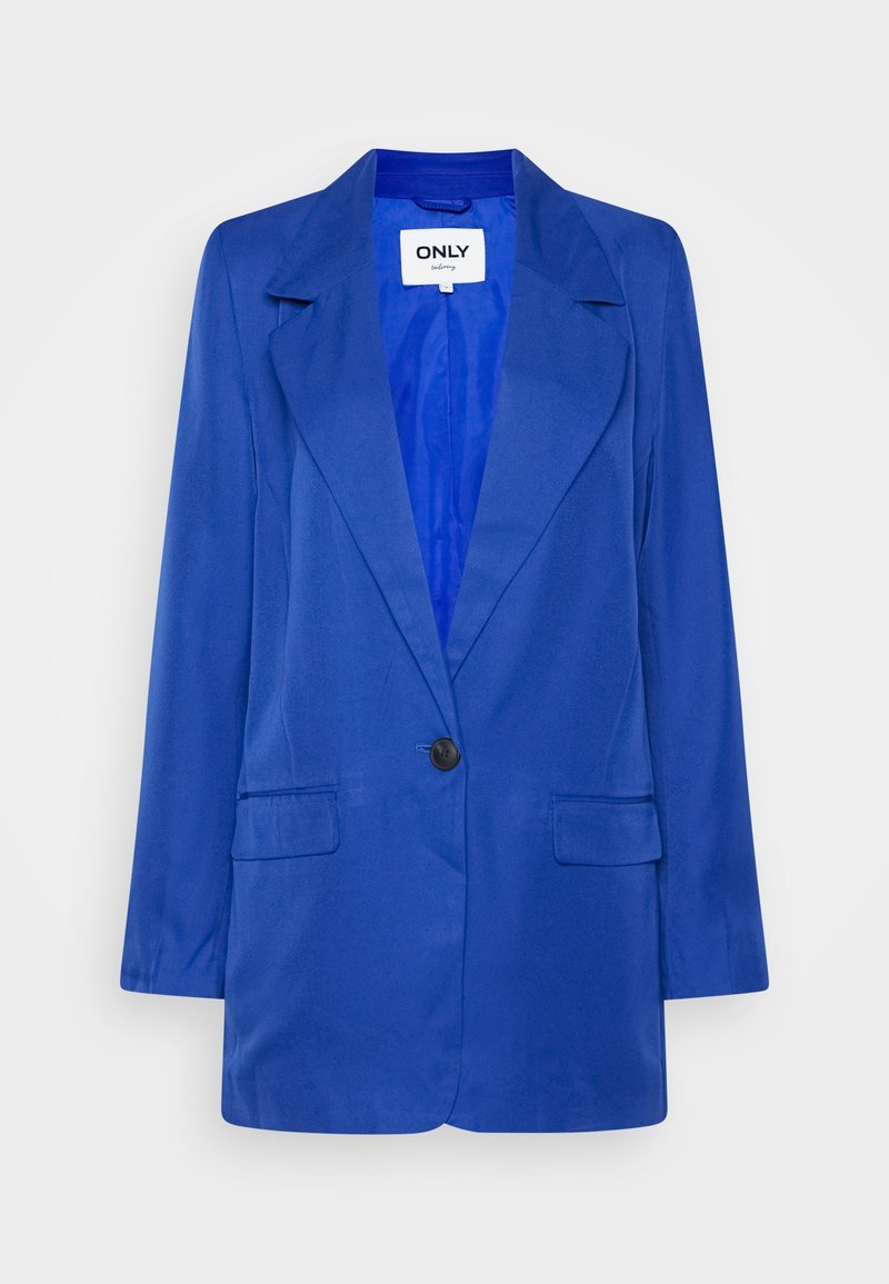 Blazer femme bleu roi à un bouton, avec revers et deux poches avant à rabat, présenté sur un fond uni.