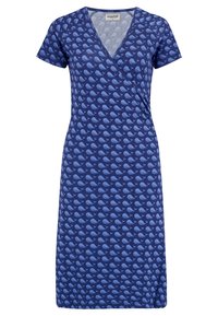Šaty do půli stehen s překládaným designem v tmavě modré látce se sebeopakováním světle modrého vzoru velryby; krátké rukávy a výstřih do V.