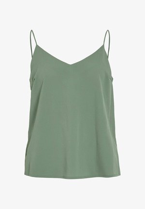 Zielona, lekka koszulka bez rękawów z cienkimi regulowanymi ramiączkami, dekoltem w kształcie litery V i luźnym fasonem. Gładka struktura bez widocznych wzorów czy akcentów.