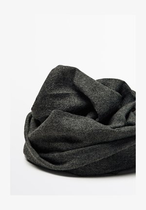 Dark gray, textured scarf fabric, loosely gathered into folds, presenting a soft, woven appearance with subtle variations in shading.
