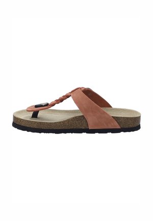 Pink suede flip-flop sandal with braided strap, cork midsole, and black rubber outsole; flat design, relaxed look.