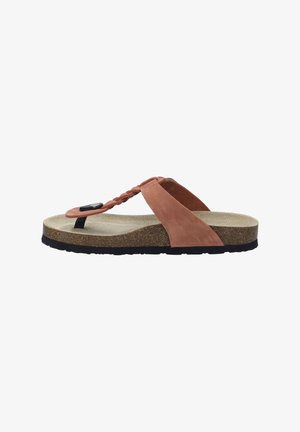 Pink suede flip-flop sandal with braided strap, cork midsole, and black rubber outsole; flat design, relaxed look.