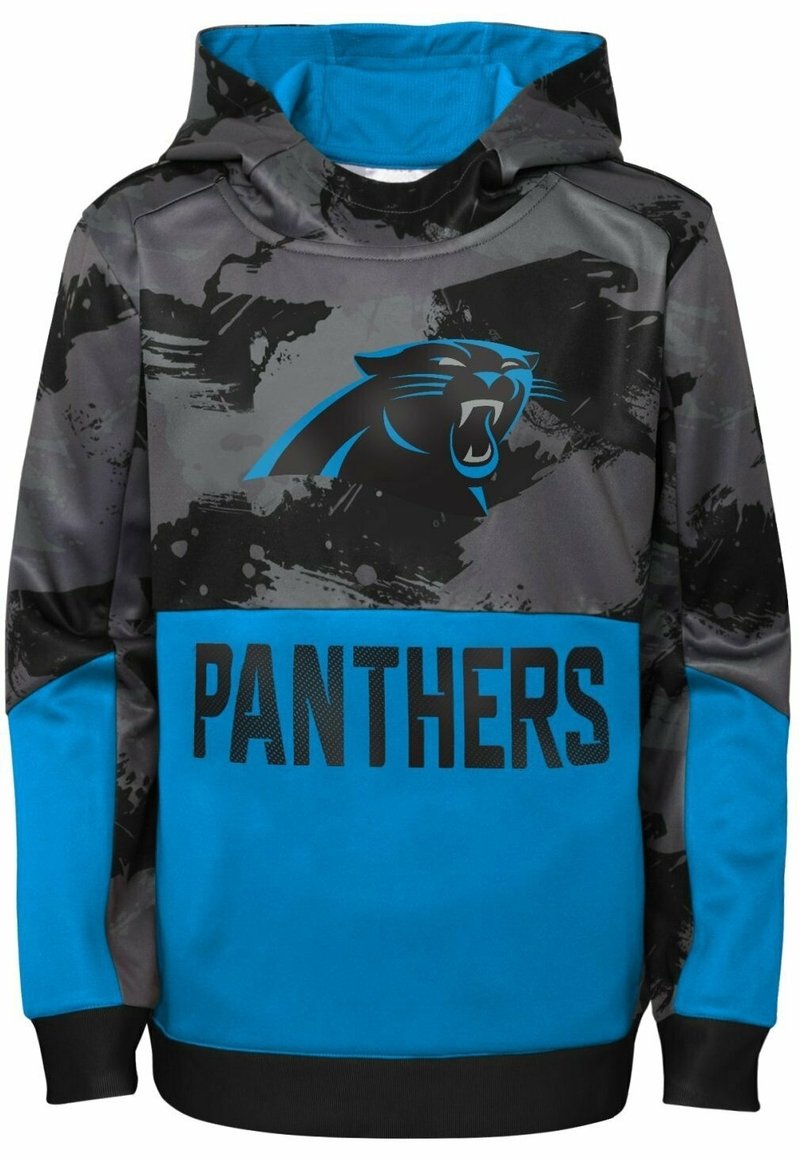 Sweat-shirt à capuche noir et bleu, arborant un logo de panthère et le texte "PANTHERS". Fabriqué en tissu lisse avec un motif camouflage.